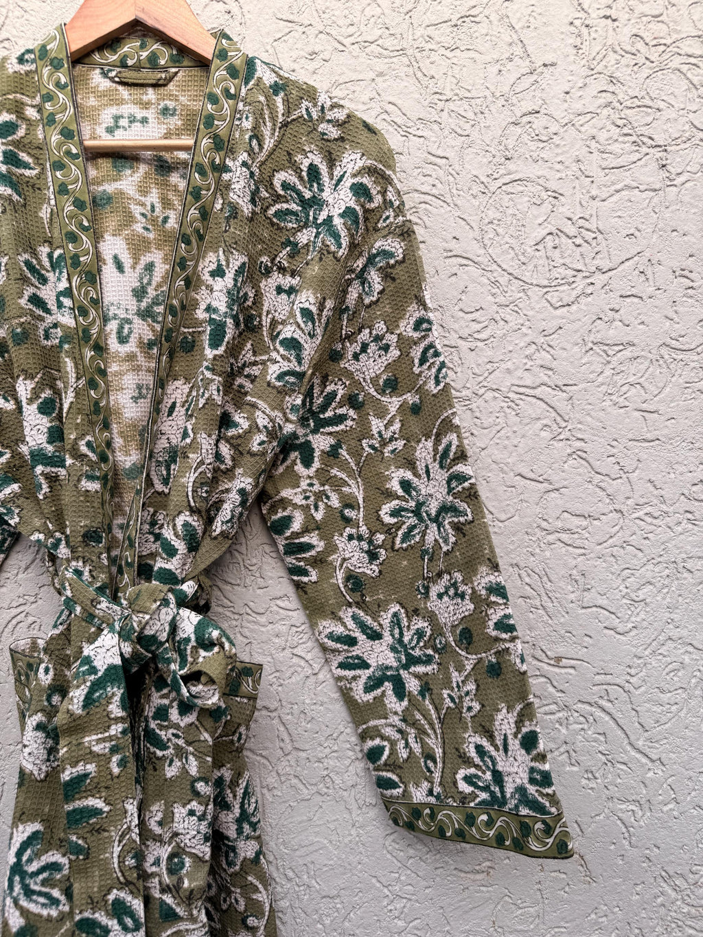 Hand Block Print Waffle Bathrobe | Green Floral Cotton Kimono Robe | Lightweight Spa Robe for Women | Soft Lounge Wear | Bridal Gift Robe