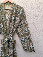 Hand Block Print Waffle Bathrobe | Green Floral Cotton Kimono Robe | Lightweight Spa Robe for Women | Soft Lounge Wear | Bridal Gift Robe