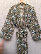 Hand Block Print Waffle Bathrobe | Green Floral Cotton Kimono Robe | Lightweight Spa Robe for Women | Soft Lounge Wear | Bridal Gift Robe