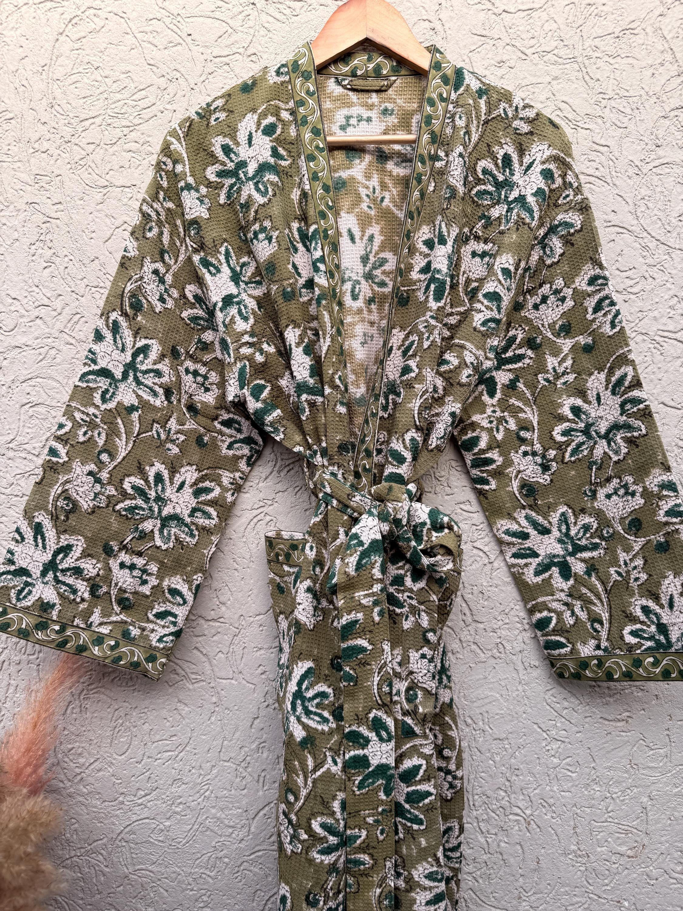 Hand Block Print Waffle Bathrobe | Green Floral Cotton Kimono Robe | Lightweight Spa Robe for Women | Soft Lounge Wear | Bridal Gift Robe