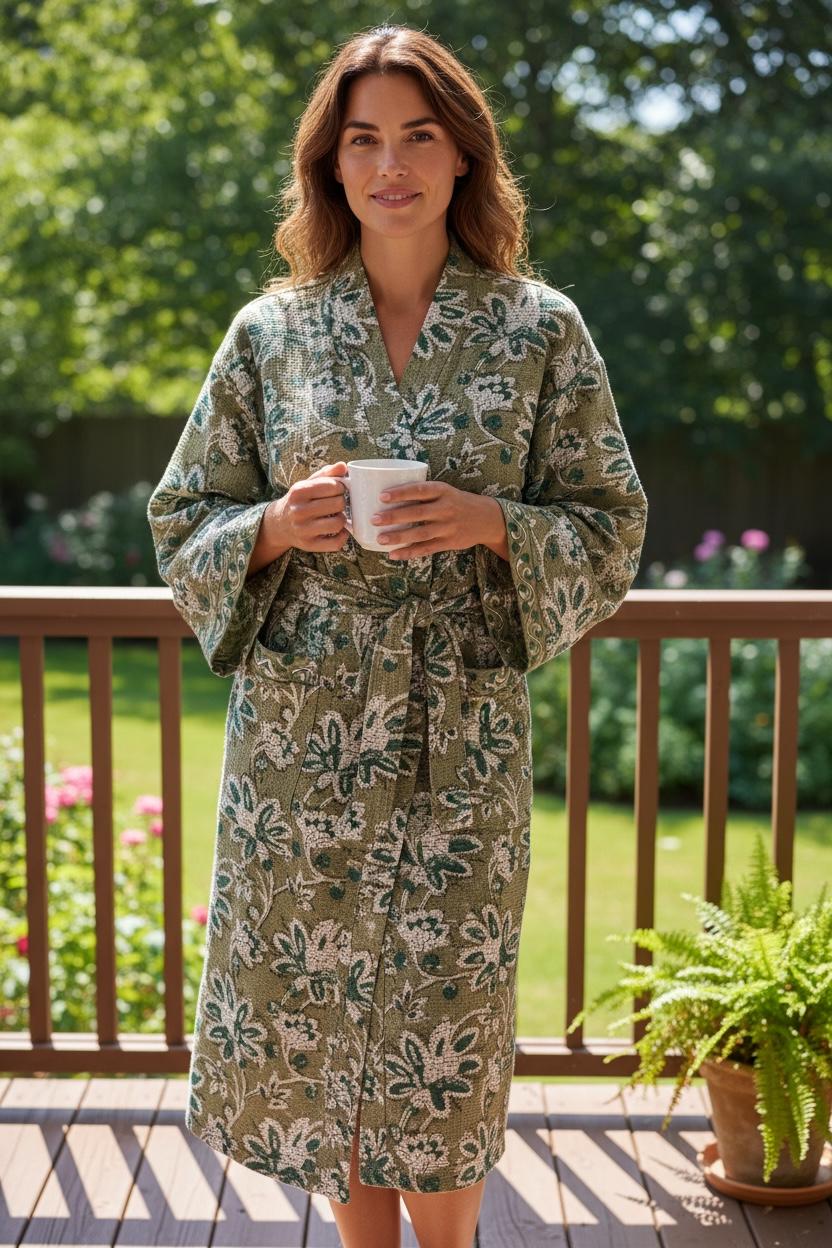 Hand Block Print Waffle Bathrobe | Green Floral Cotton Kimono Robe | Lightweight Spa Robe for Women | Soft Lounge Wear | Bridal Gift Robe