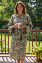 Hand Block Print Waffle Bathrobe | Green Floral Cotton Kimono Robe | Lightweight Spa Robe for Women | Soft Lounge Wear | Bridal Gift Robe