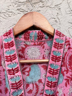 Hand Block Printed Cotton Bathrobe – Pink Floral Kimono Robe – Lightweight Boho Dressing Gown – Soft Spa Robe – Bridesmaid Gift –