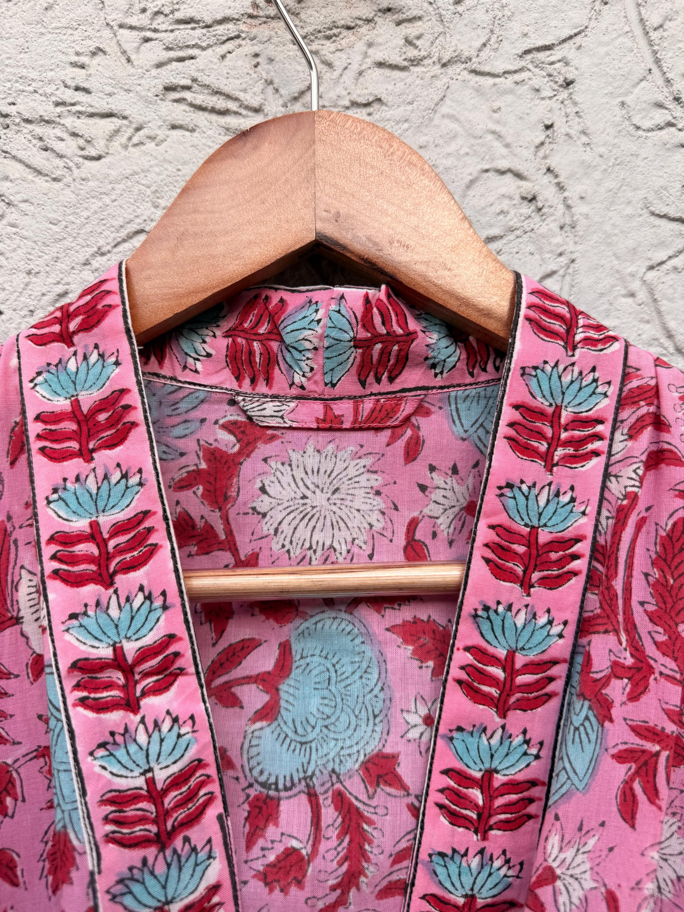 Hand Block Printed Cotton Bathrobe – Pink Floral Kimono Robe – Lightweight Boho Dressing Gown – Soft Spa Robe – Bridesmaid Gift –