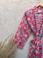 Hand Block Printed Cotton Bathrobe – Pink Floral Kimono Robe – Lightweight Boho Dressing Gown – Soft Spa Robe – Bridesmaid Gift –