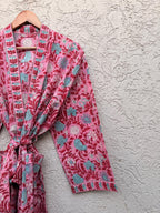 Hand Block Printed Cotton Bathrobe – Pink Floral Kimono Robe – Lightweight Boho Dressing Gown – Soft Spa Robe – Bridesmaid Gift –