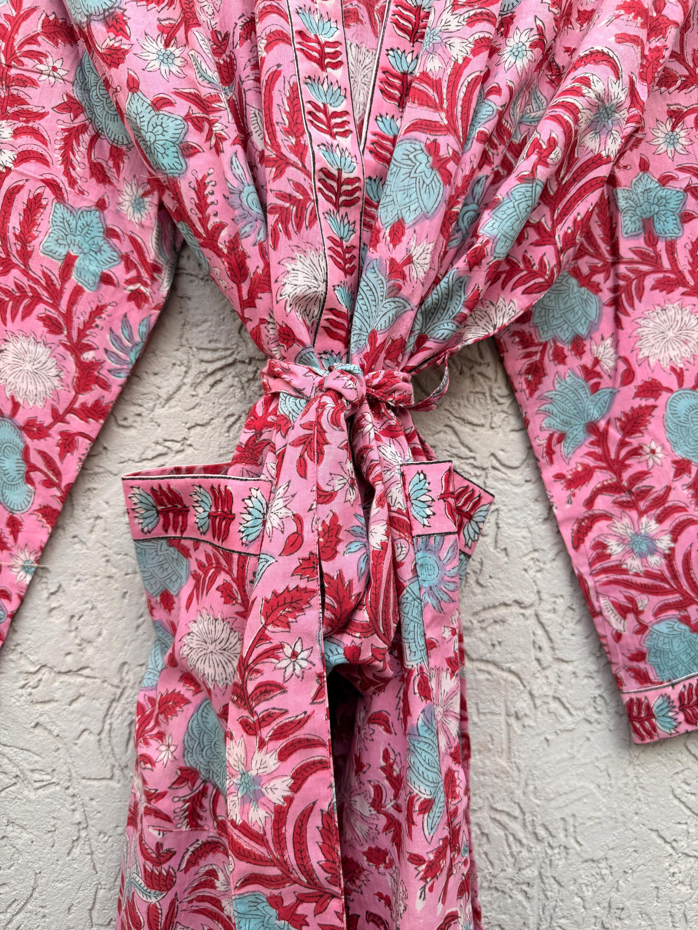 Hand Block Printed Cotton Bathrobe – Pink Floral Kimono Robe – Lightweight Boho Dressing Gown – Soft Spa Robe – Bridesmaid Gift –