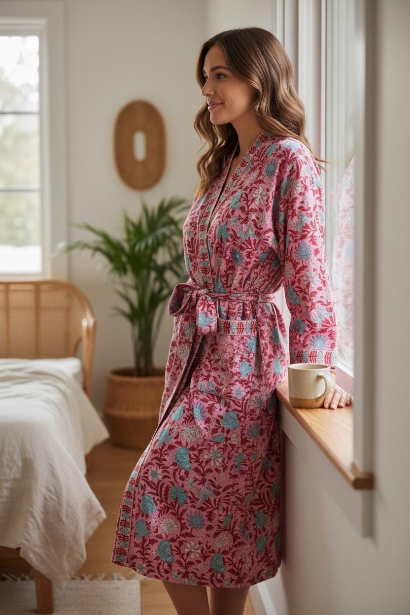 Hand Block Printed Cotton Bathrobe – Pink Floral Kimono Robe – Lightweight Boho Dressing Gown – Soft Spa Robe – Bridesmaid Gift –