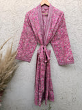 Hand Block Printed Cotton Bathrobe – Pink & White Floral Kimono Robe – Lightweight Boho Dressing Gown – Soft Spa Robe – Summer Loungewear