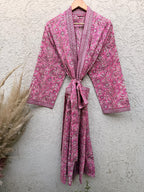 Hand Block Printed Cotton Bathrobe – Pink & White Floral Kimono Robe – Lightweight Boho Dressing Gown – Soft Spa Robe – Summer Loungewear