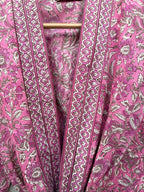 Hand Block Printed Cotton Bathrobe – Pink & White Floral Kimono Robe – Lightweight Boho Dressing Gown – Soft Spa Robe – Summer Loungewear