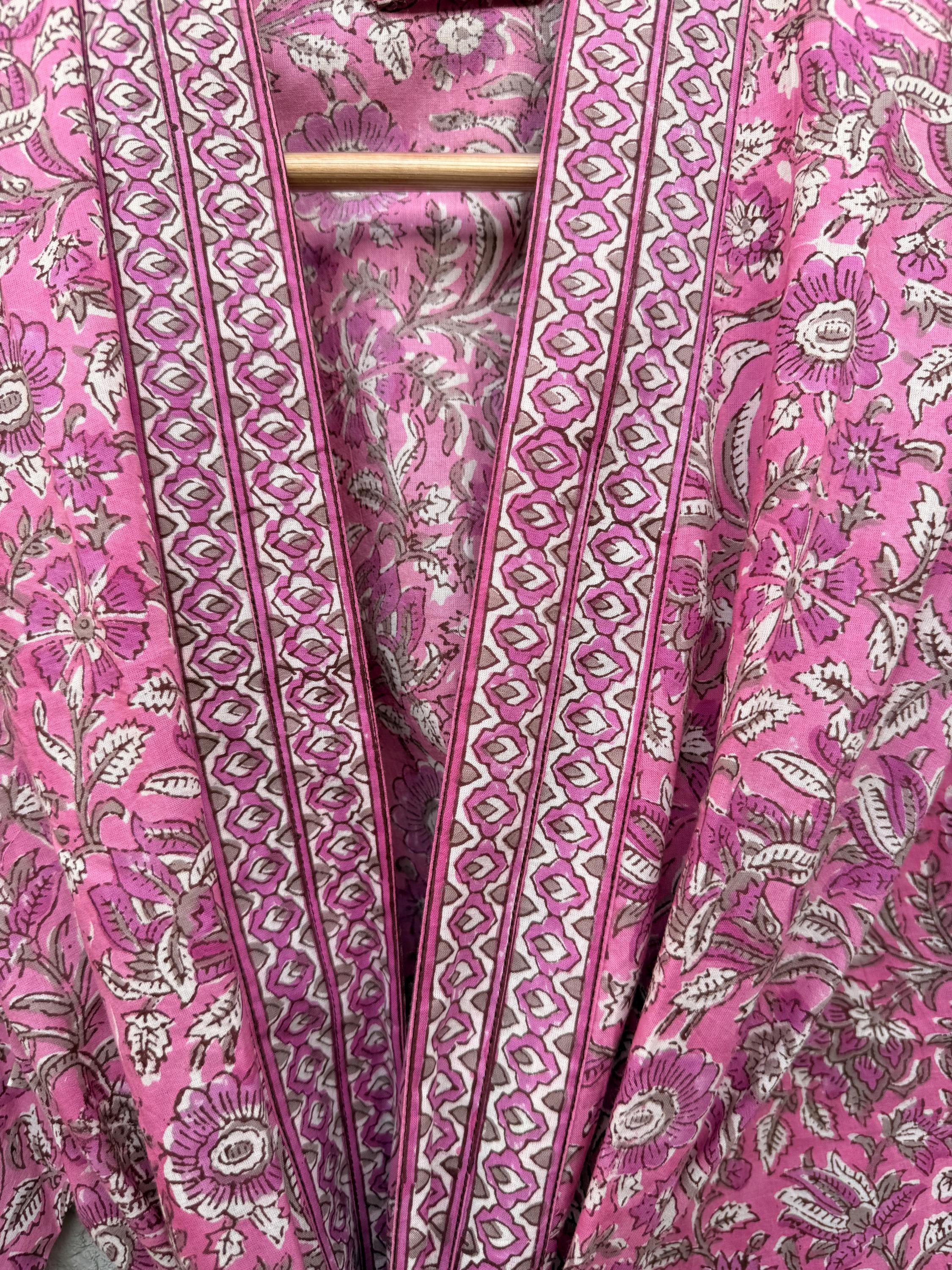 Hand Block Printed Cotton Bathrobe – Pink & White Floral Kimono Robe – Lightweight Boho Dressing Gown – Soft Spa Robe – Summer Loungewear