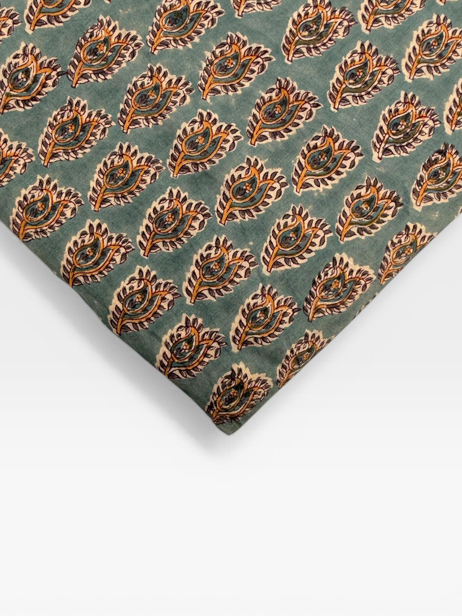 Hand Block Printed Cotton Fabric – Green Paisley Running Fabric – Indian Floral Yardage – Boho Sewing Fabric – Soft Breathable Cotton
