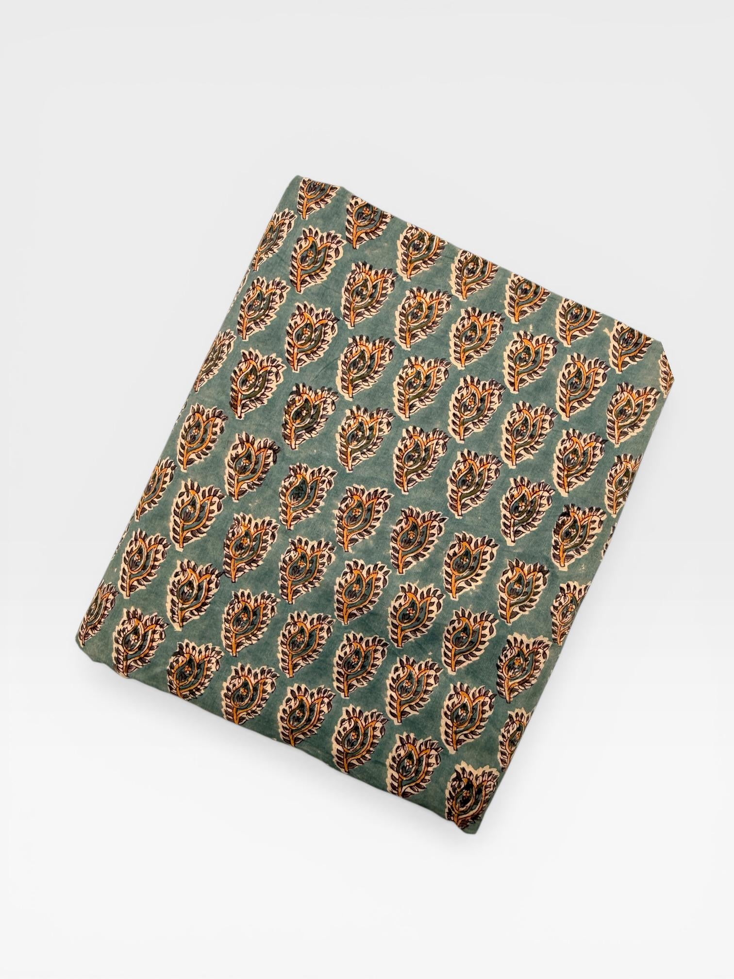 Hand Block Printed Cotton Fabric – Green Paisley Running Fabric – Indian Floral Yardage – Boho Sewing Fabric – Soft Breathable Cotton