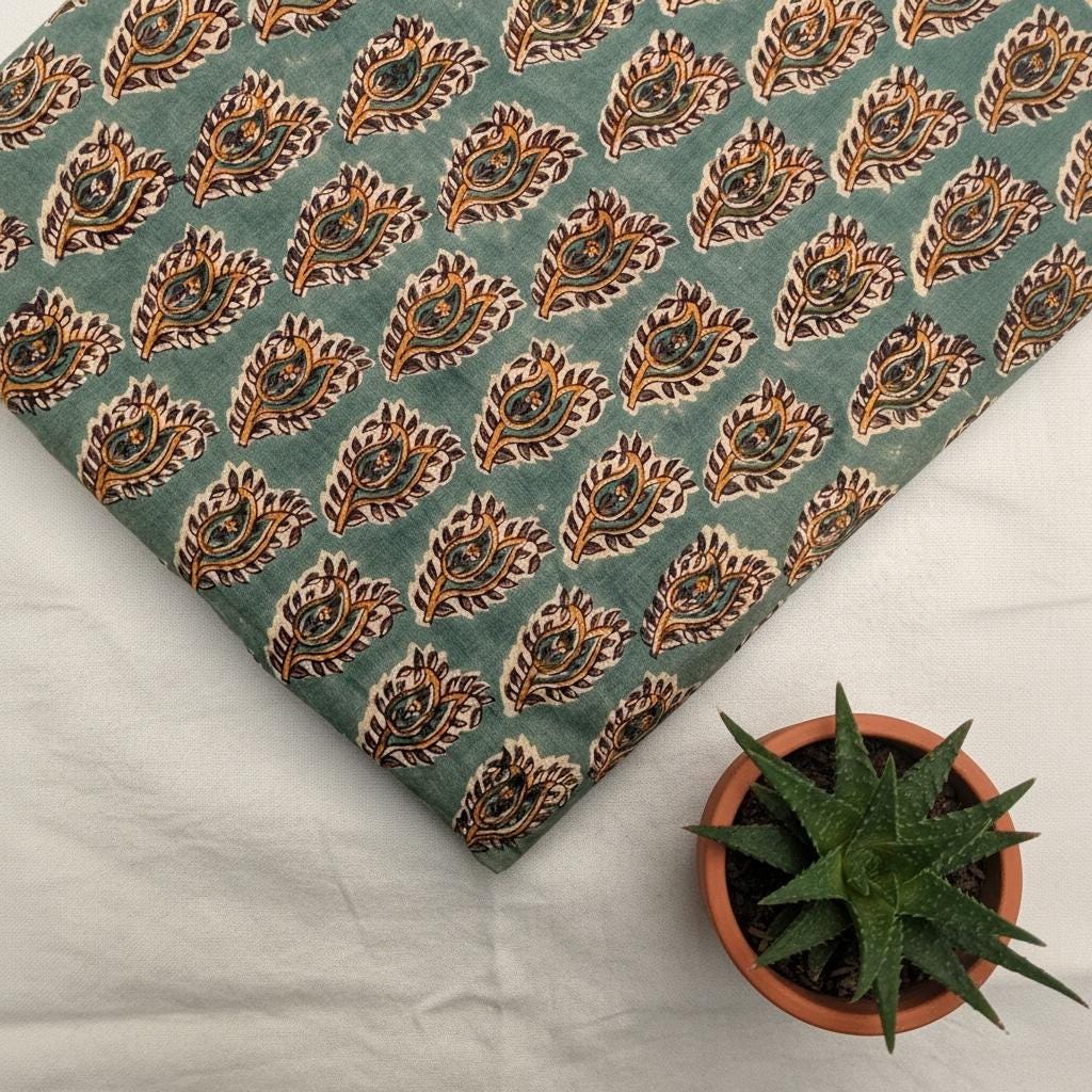Hand Block Printed Cotton Fabric – Green Paisley Running Fabric – Indian Floral Yardage – Boho Sewing Fabric – Soft Breathable Cotton