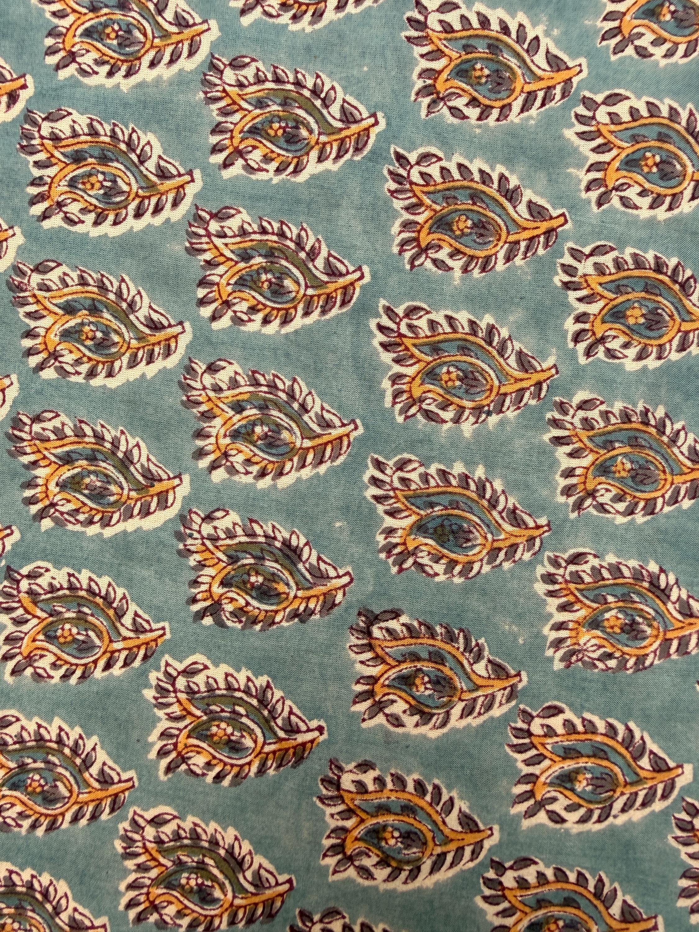 Hand Block Printed Cotton Fabric – Green Paisley Running Fabric – Indian Floral Yardage – Boho Sewing Fabric – Soft Breathable Cotton
