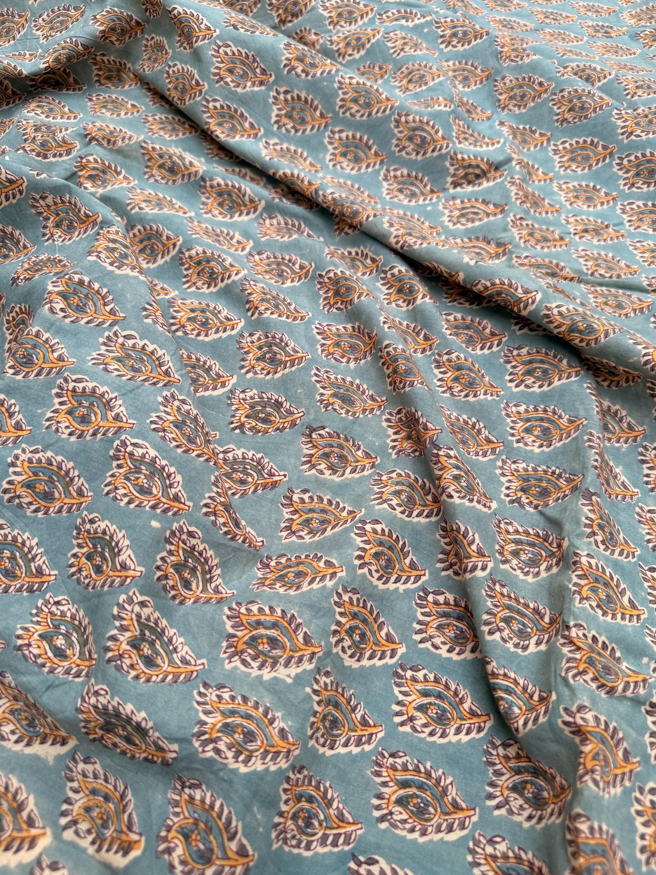Hand Block Printed Cotton Fabric – Green Paisley Running Fabric – Indian Floral Yardage – Boho Sewing Fabric – Soft Breathable Cotton