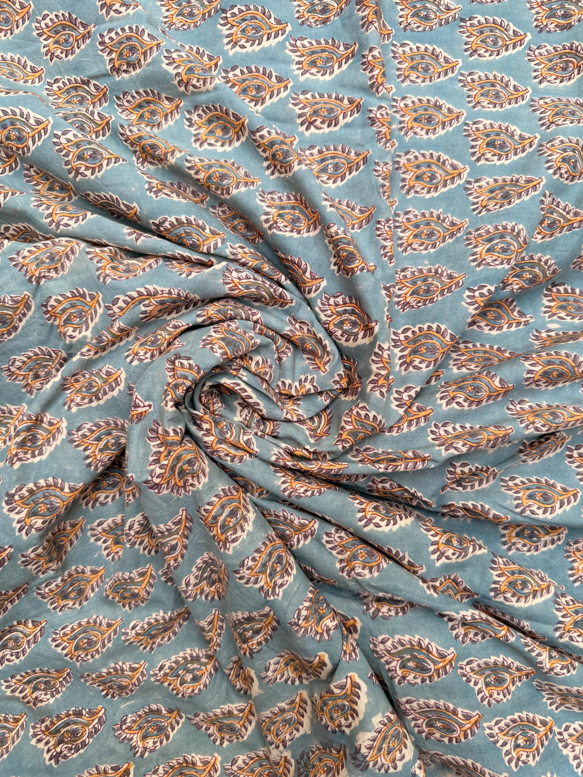 Hand Block Printed Cotton Fabric – Green Paisley Running Fabric – Indian Floral Yardage – Boho Sewing Fabric – Soft Breathable Cotton
