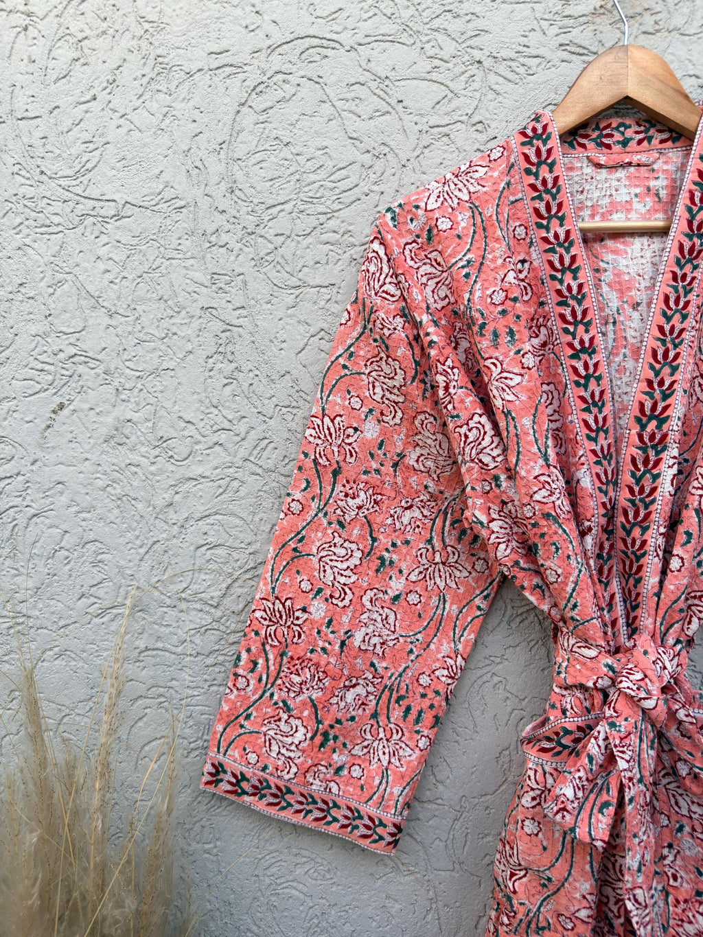 Coral Pink Floral Block Print Cotton Waffle Kaftan Robe | Handmade Indian Kimono Bathrobe | Lightweight Boho Lounge Wear | Soft Spa Robe