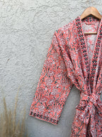 Coral Pink Floral Block Print Cotton Waffle Kaftan Robe | Handmade Indian Kimono Bathrobe | Lightweight Boho Lounge Wear | Soft Spa Robe
