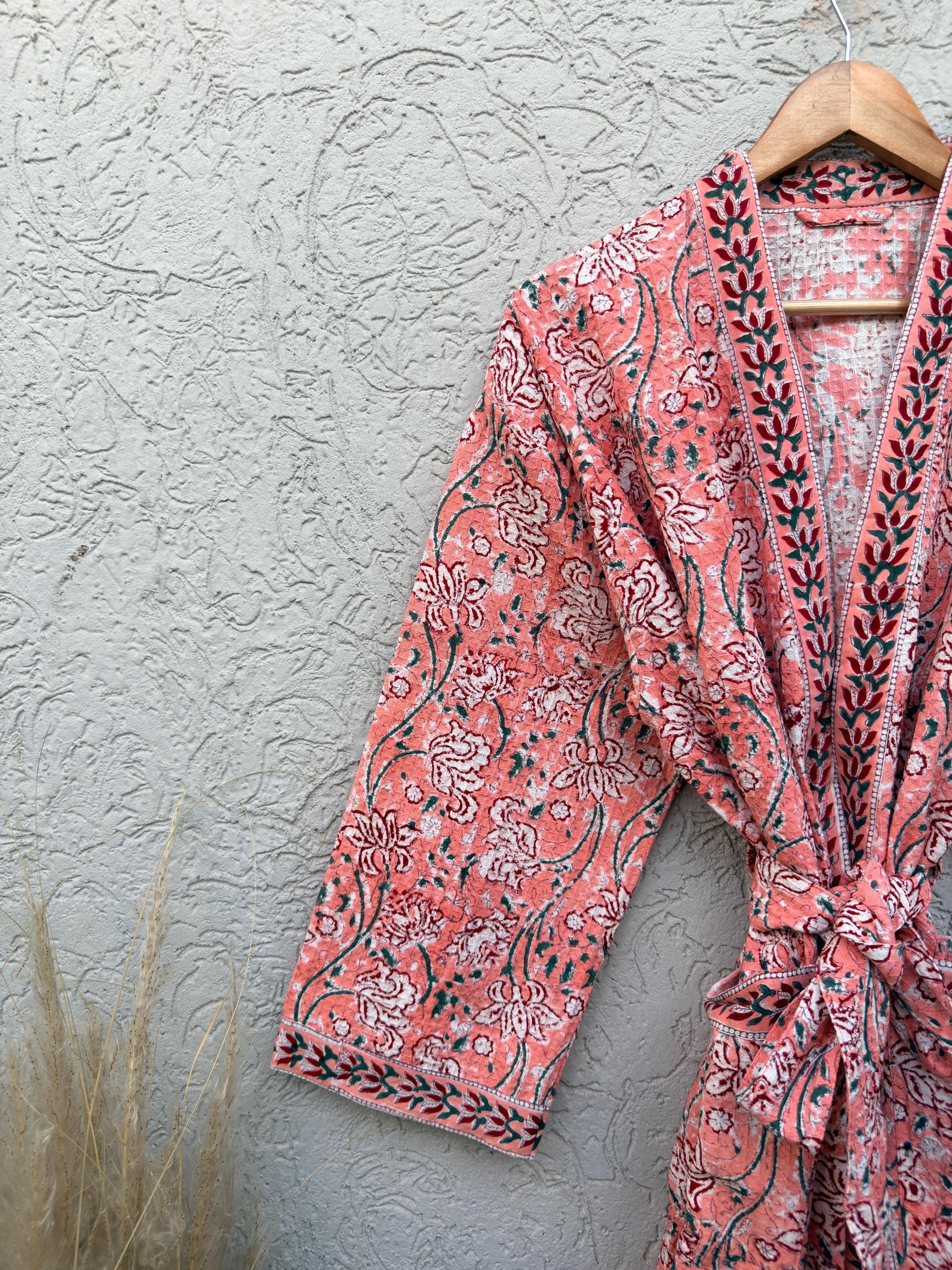 Coral Pink Floral Block Print Cotton Waffle Kaftan Robe | Handmade Indian Kimono Bathrobe | Lightweight Boho Lounge Wear | Soft Spa Robe