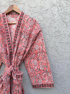 Coral Pink Floral Block Print Cotton Waffle Kaftan Robe | Handmade Indian Kimono Bathrobe | Lightweight Boho Lounge Wear | Soft Spa Robe