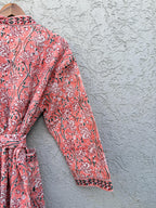 Coral Pink Floral Block Print Cotton Waffle Kaftan Robe | Handmade Indian Kimono Bathrobe | Lightweight Boho Lounge Wear | Soft Spa Robe