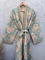 Turquoise Blue & Beige Floral Block Print Cotton Waffle Kaftan Robe | Handmade Indian Kimono Bathrobe | Boho Lightweight Spa Robe