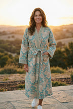 Turquoise Blue & Beige Floral Block Print Cotton Waffle Kaftan Robe | Handmade Indian Kimono Bathrobe | Boho Lightweight Spa Robe