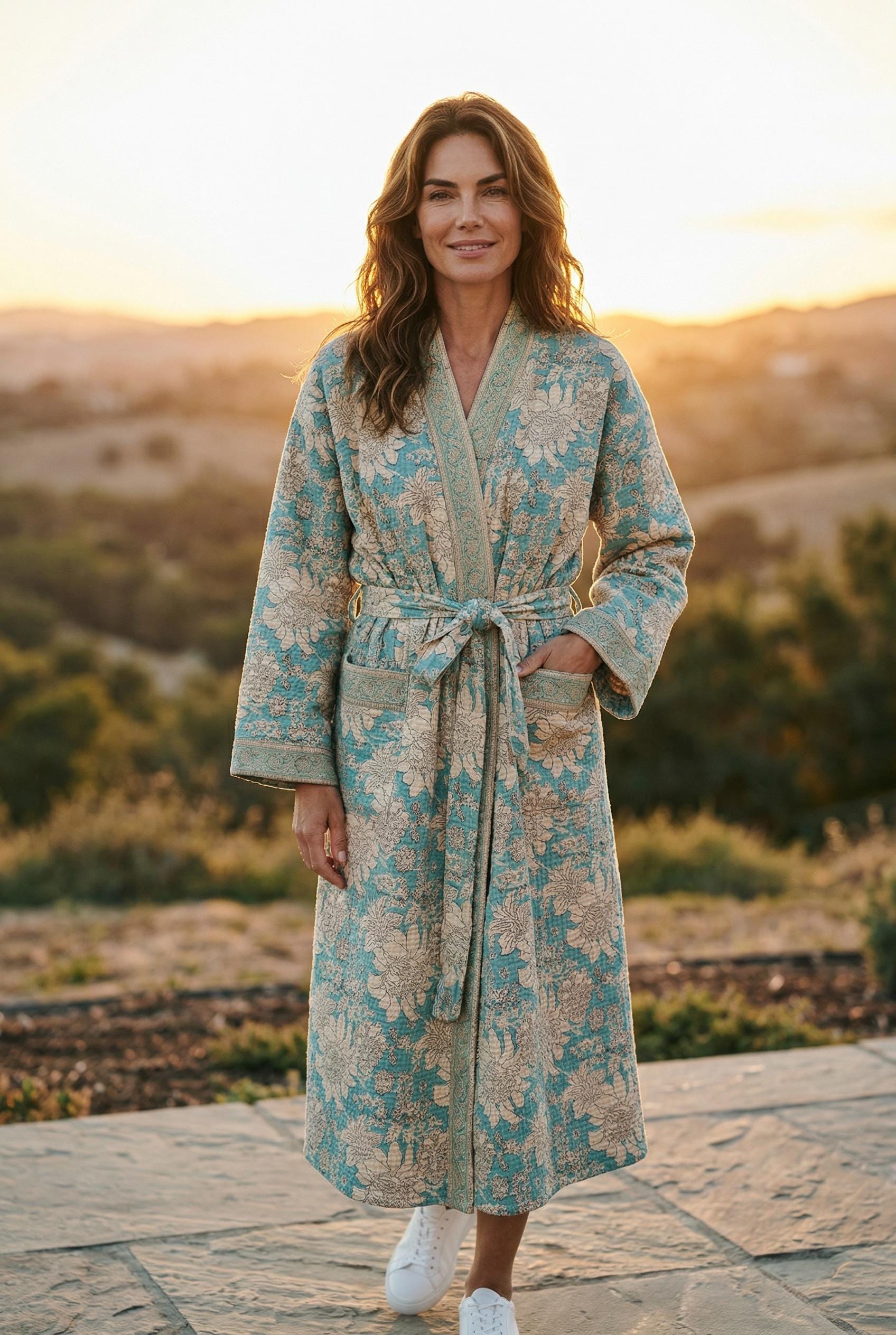 Turquoise Blue & Beige Floral Block Print Cotton Waffle Kaftan Robe | Handmade Indian Kimono Bathrobe | Boho Lightweight Spa Robe