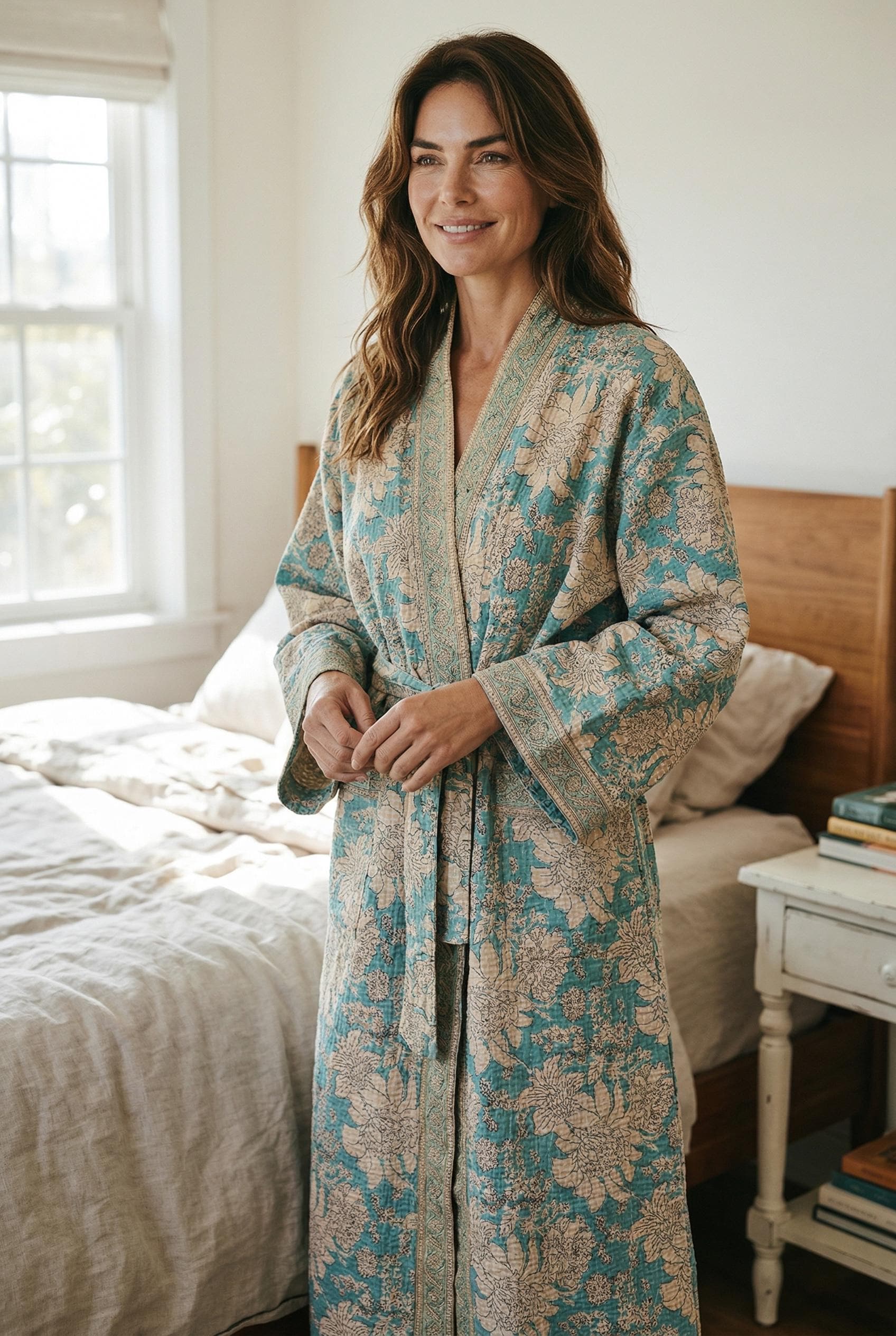 Turquoise Blue & Beige Floral Block Print Cotton Waffle Kaftan Robe | Handmade Indian Kimono Bathrobe | Boho Lightweight Spa Robe