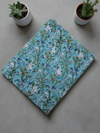 Turquoise Blue Floral Hand Block Print Cotton Fabric by Yard | Indian Aqua Boho Fabric | Soft Lightweight Sewing Fabric | Dressmaking