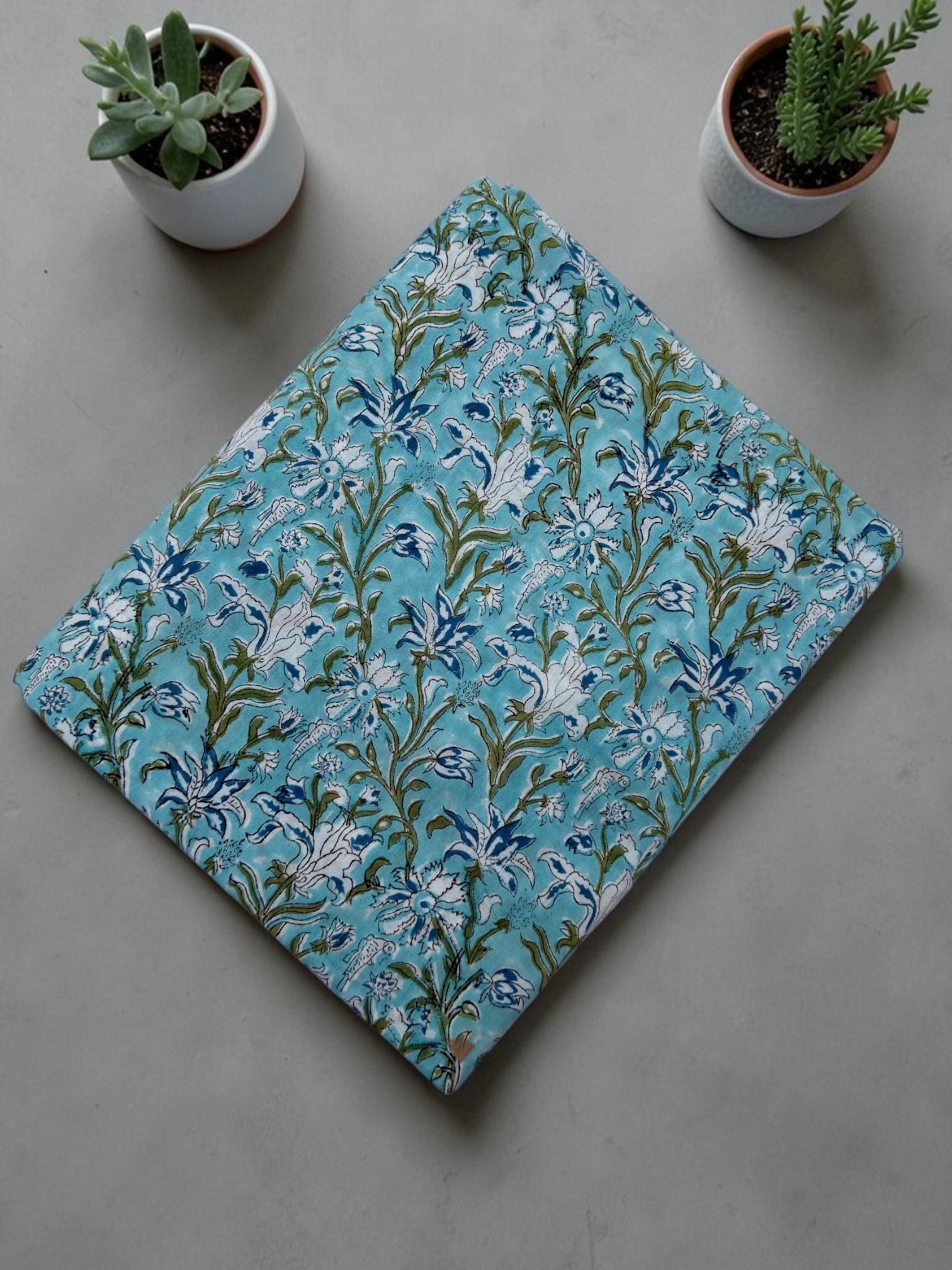 Turquoise Blue Floral Hand Block Print Cotton Fabric by Yard | Indian Aqua Boho Fabric | Soft Lightweight Sewing Fabric | Dressmaking