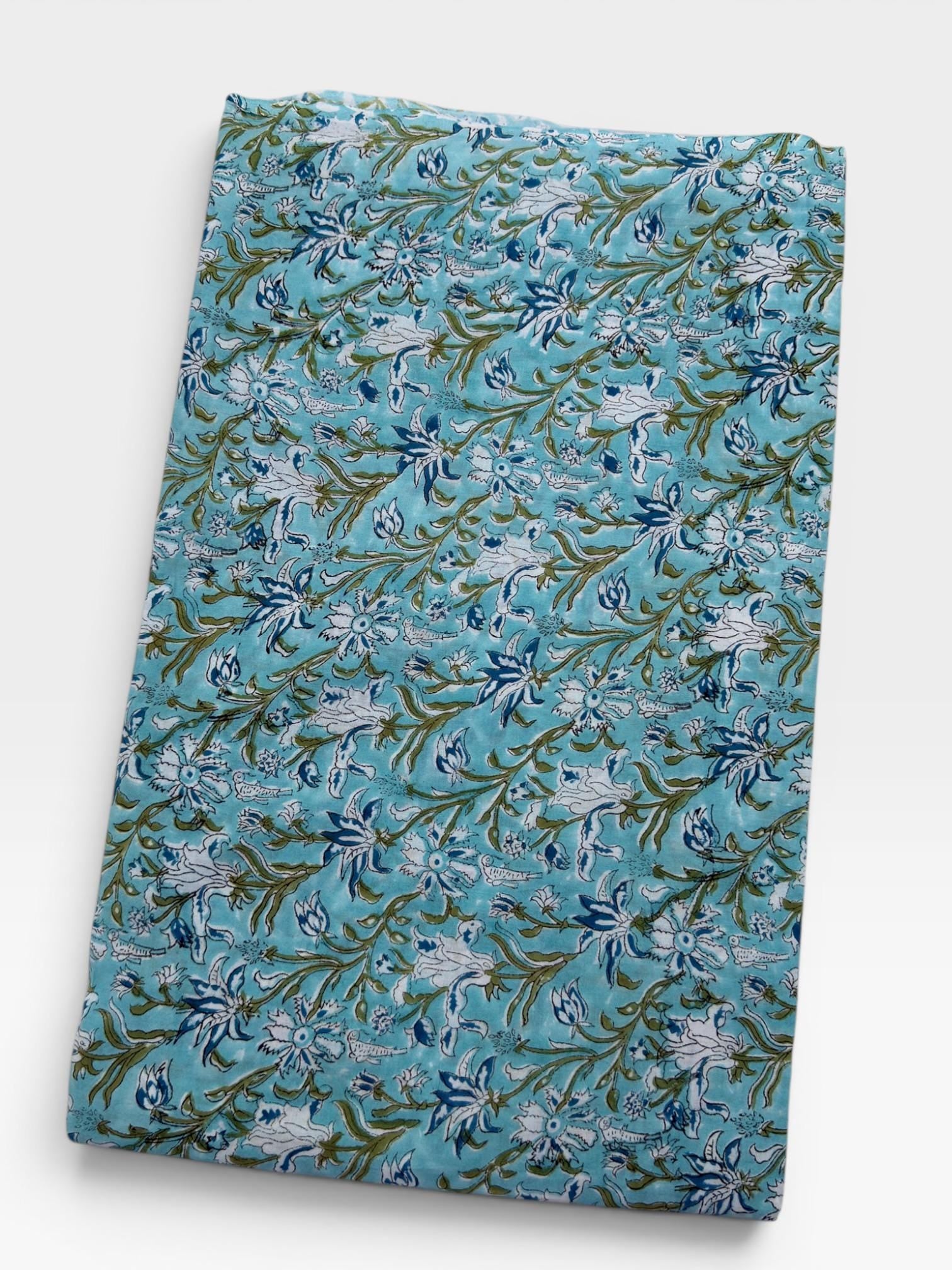 Turquoise Blue Floral Hand Block Print Cotton Fabric by Yard | Indian Aqua Boho Fabric | Soft Lightweight Sewing Fabric | Dressmaking