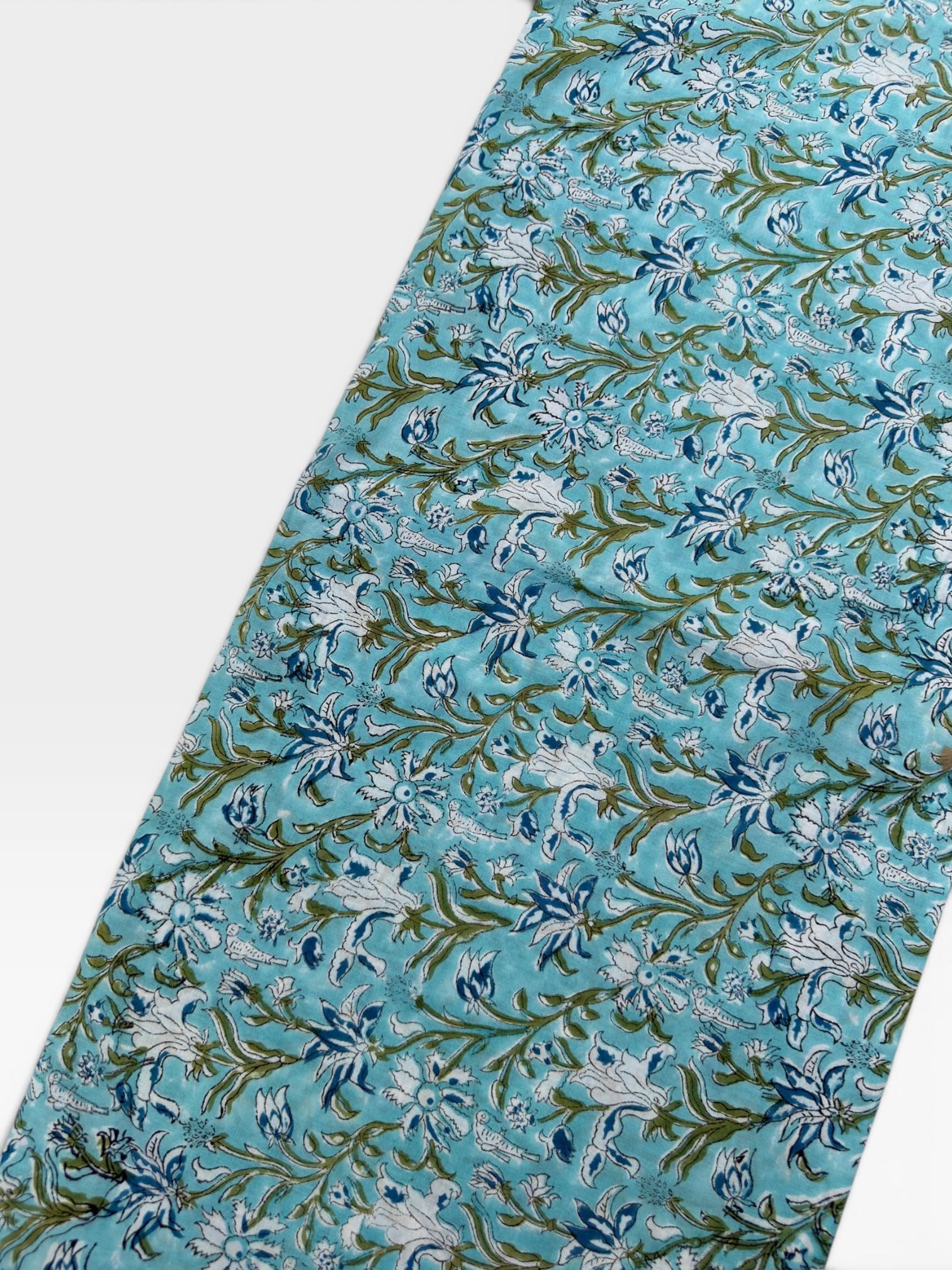 Turquoise Blue Floral Hand Block Print Cotton Fabric by Yard | Indian Aqua Boho Fabric | Soft Lightweight Sewing Fabric | Dressmaking