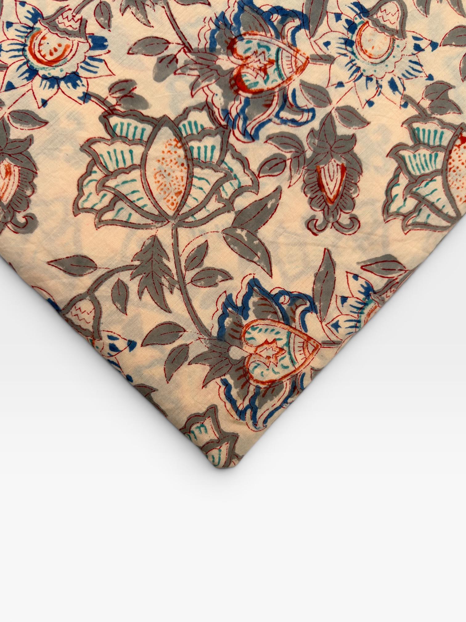 Beige Floral Hand Block Print Cotton Fabric by Yard | Vintage Boho Indian Fabric | Cream Base Blue Rust Grey Floral Textile | Soft Sewing
