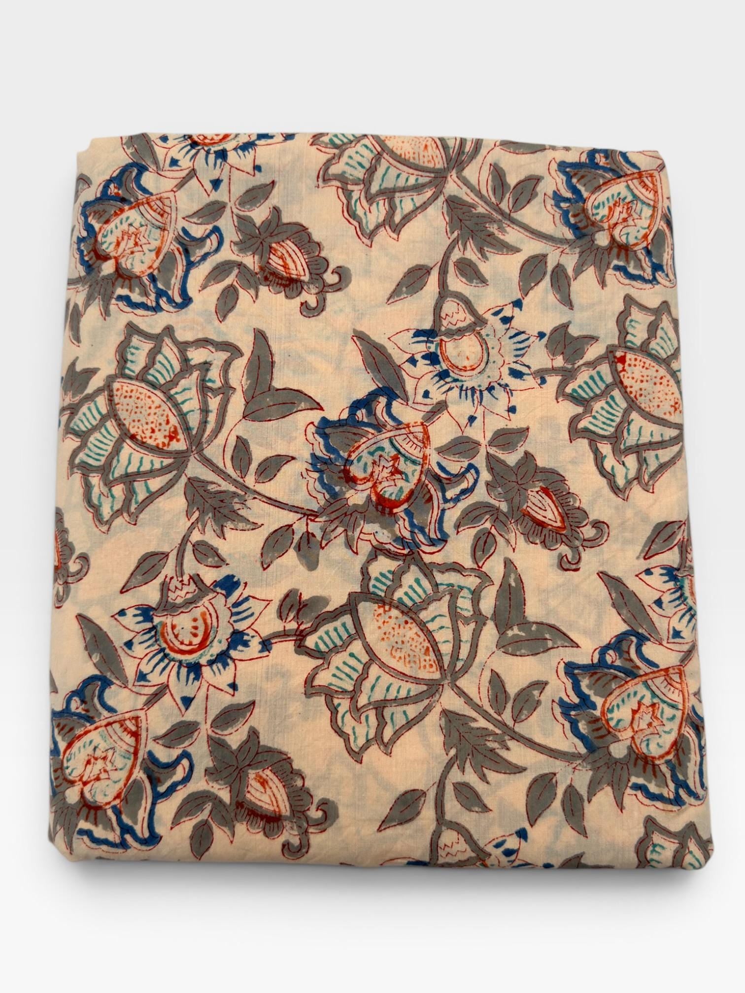 Beige Floral Hand Block Print Cotton Fabric by Yard | Vintage Boho Indian Fabric | Cream Base Blue Rust Grey Floral Textile | Soft Sewing