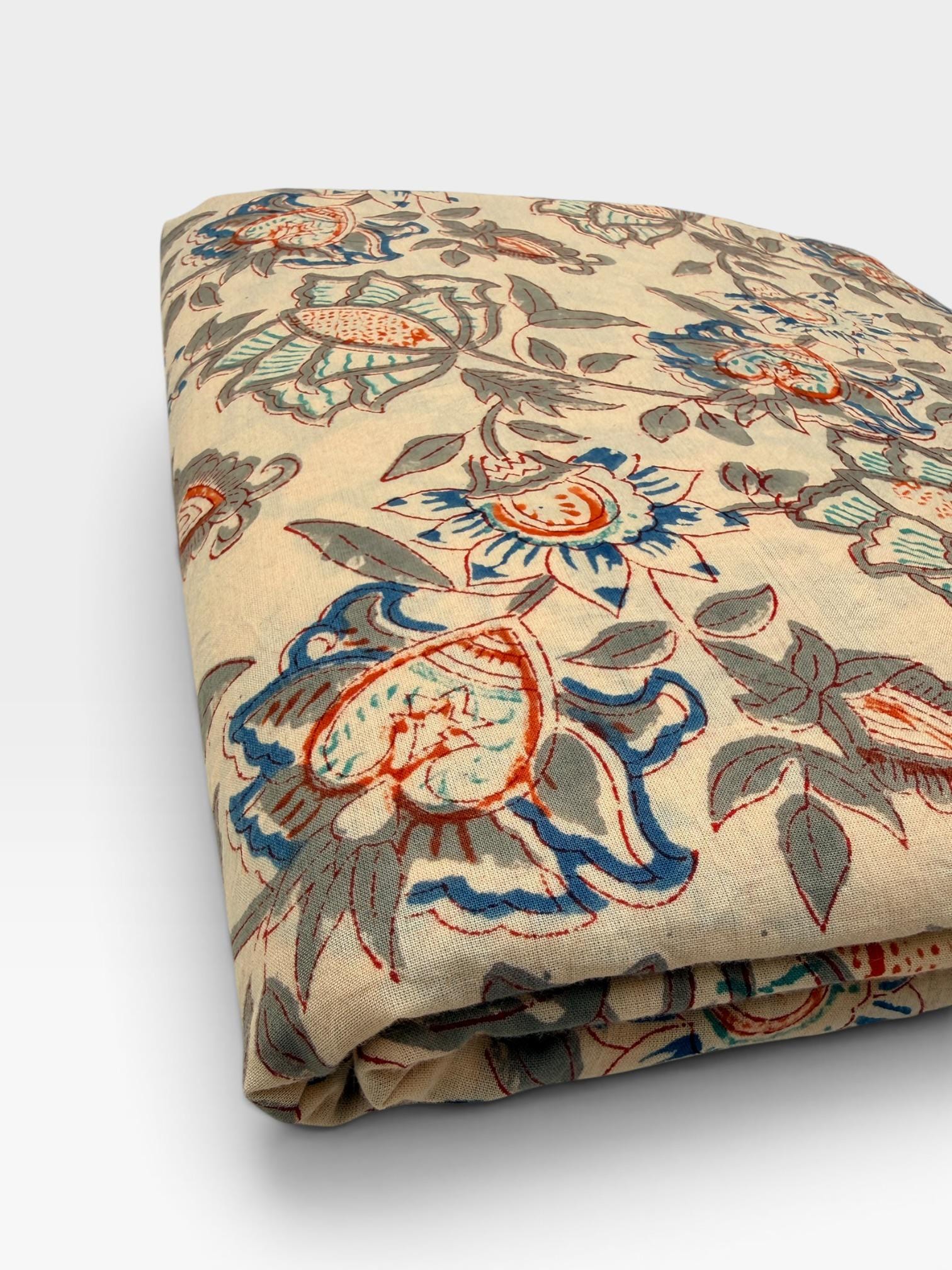 Beige Floral Hand Block Print Cotton Fabric by Yard | Vintage Boho Indian Fabric | Cream Base Blue Rust Grey Floral Textile | Soft Sewing