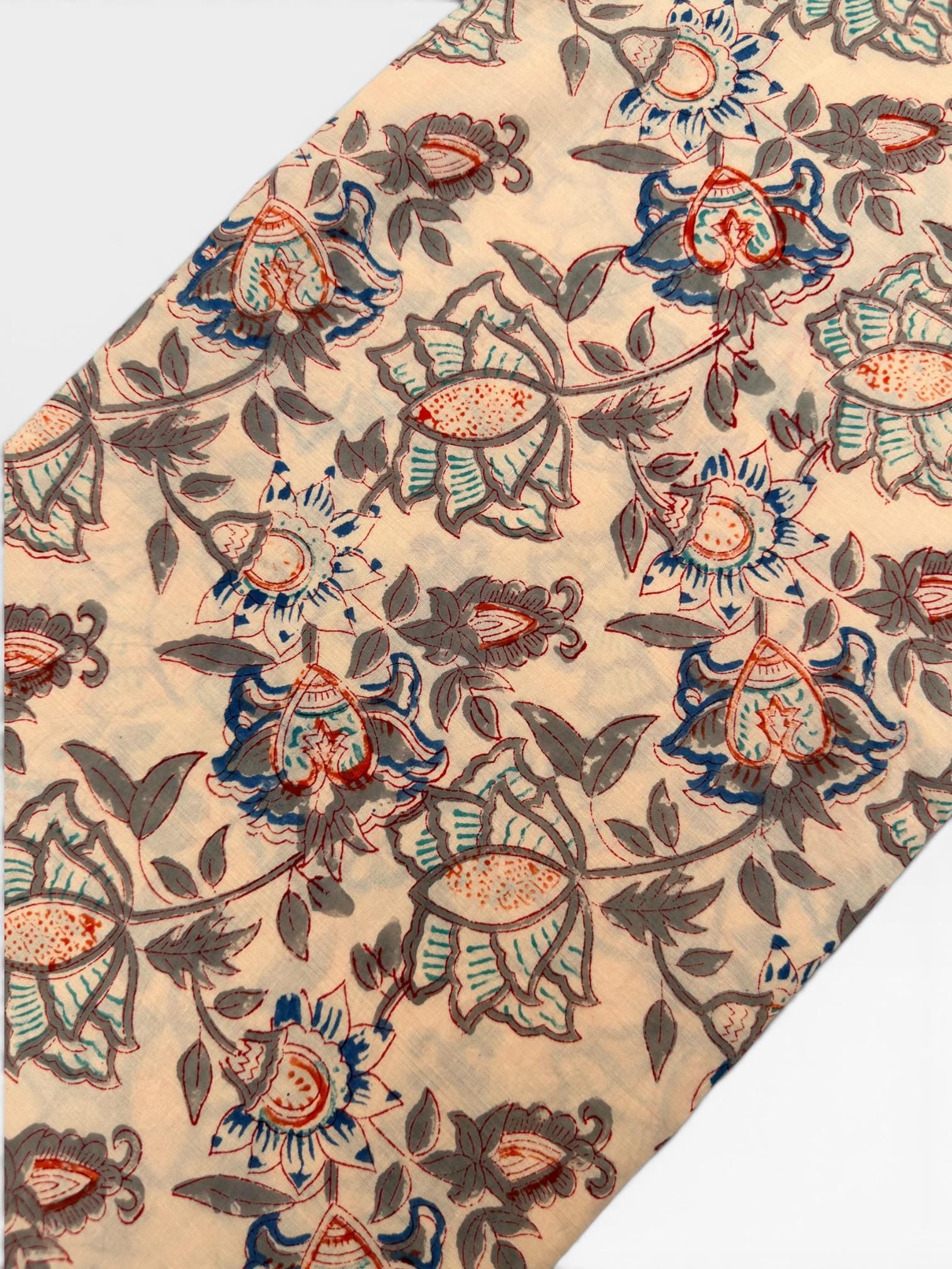 Beige Floral Hand Block Print Cotton Fabric by Yard | Vintage Boho Indian Fabric | Cream Base Blue Rust Grey Floral Textile | Soft Sewing