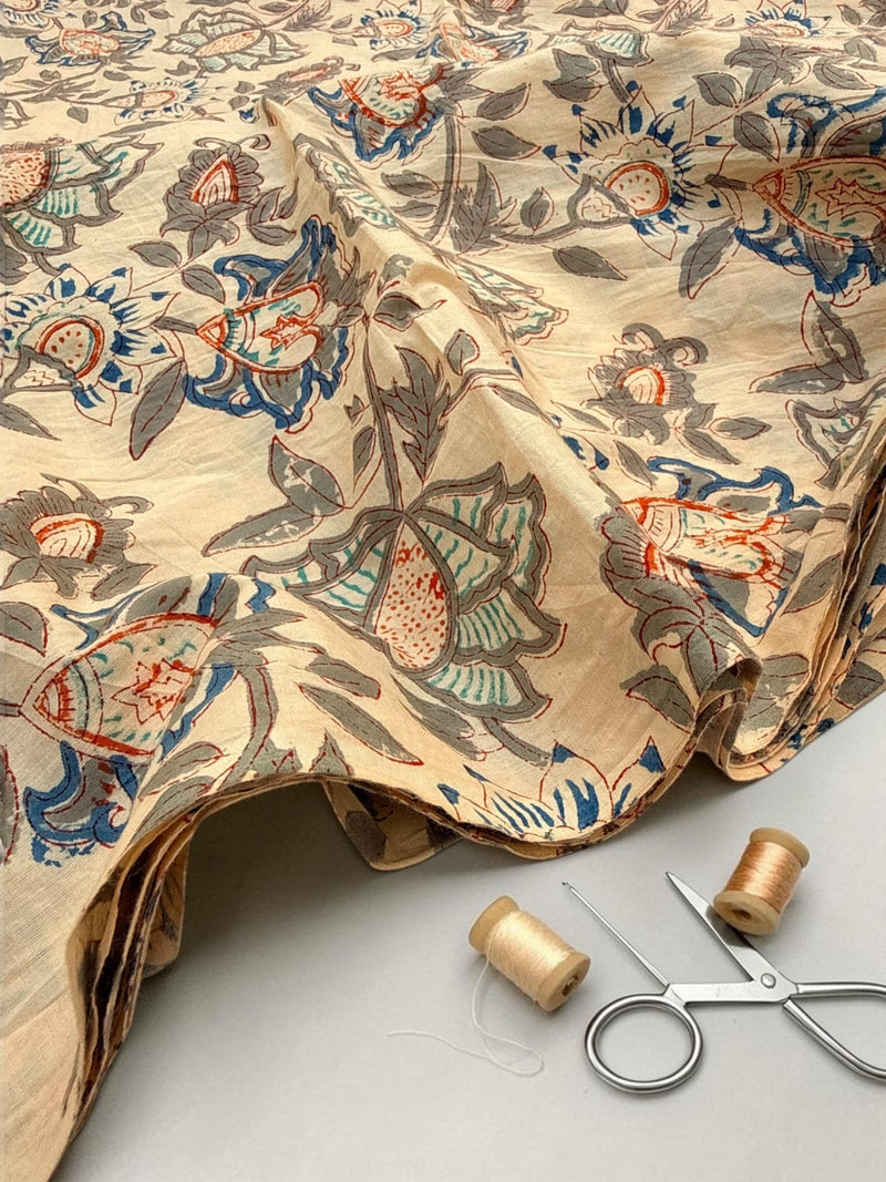Beige Floral Hand Block Print Cotton Fabric by Yard | Vintage Boho Indian Fabric | Cream Base Blue Rust Grey Floral Textile | Soft Sewing