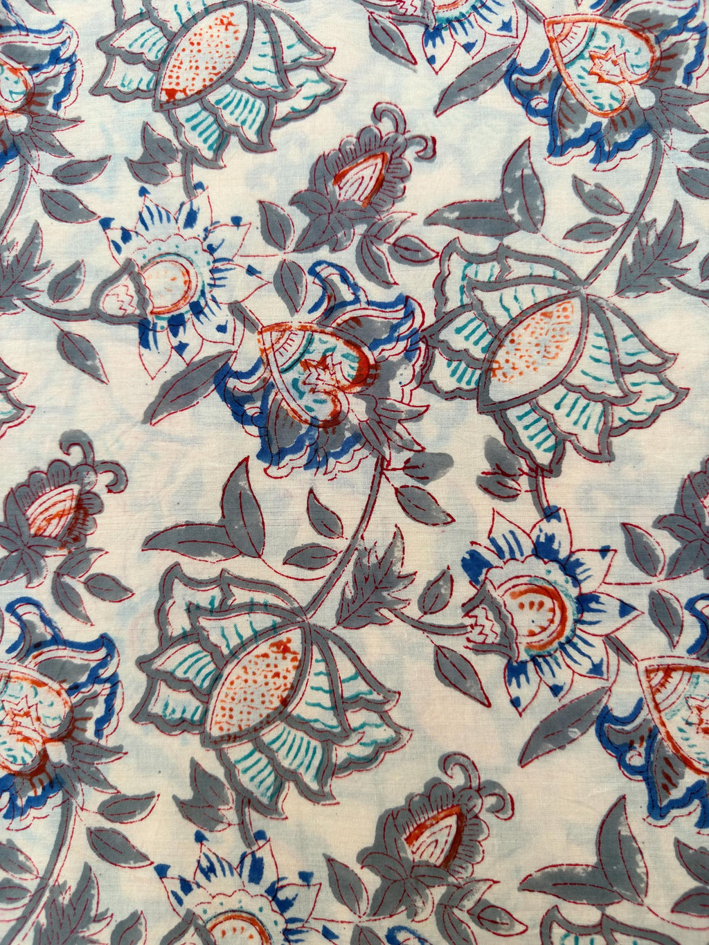 Beige Floral Hand Block Print Cotton Fabric by Yard | Vintage Boho Indian Fabric | Cream Base Blue Rust Grey Floral Textile | Soft Sewing