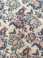 Beige Floral Hand Block Print Cotton Fabric by Yard | Vintage Boho Indian Fabric | Cream Base Blue Rust Grey Floral Textile | Soft Sewing