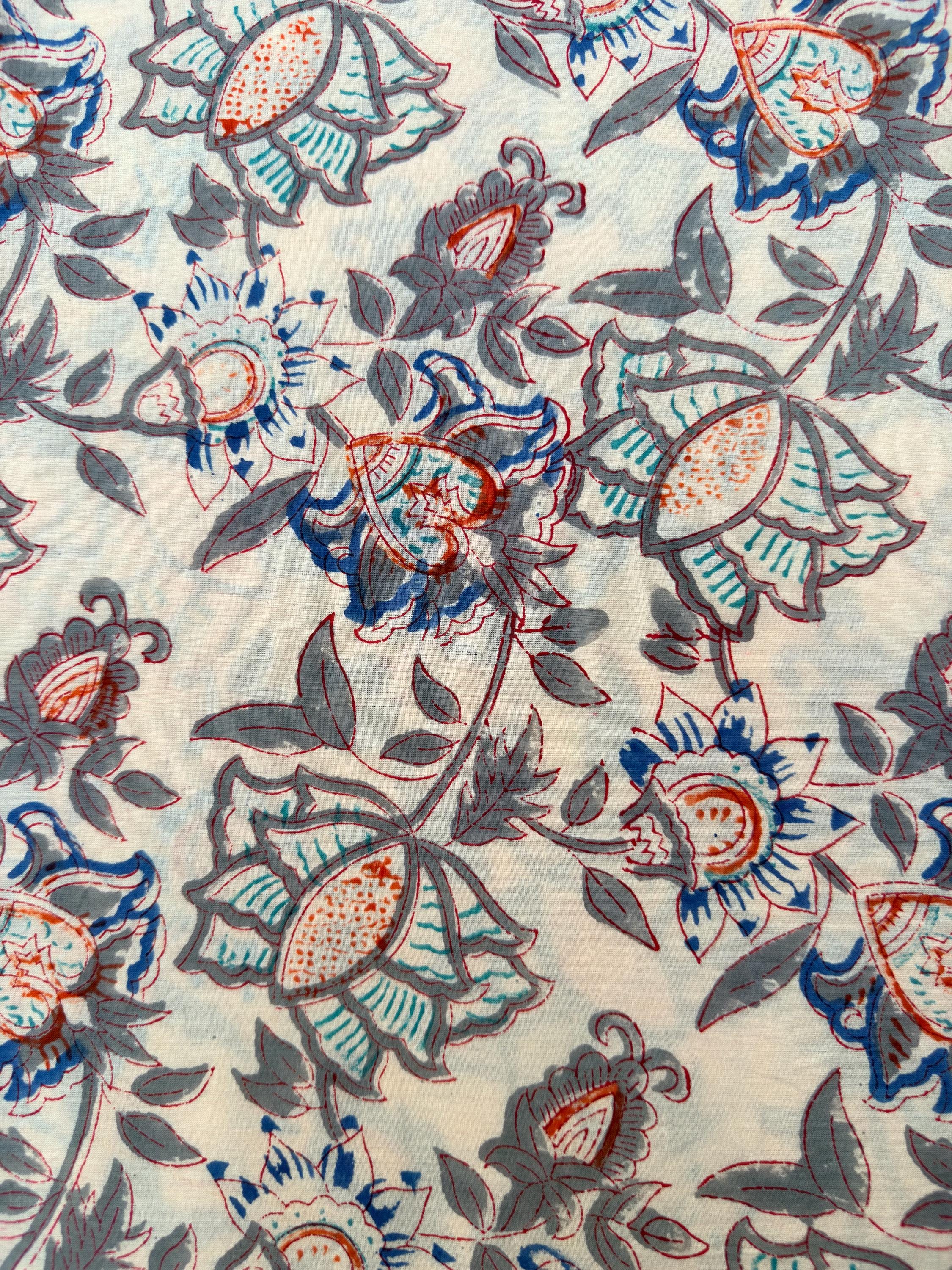 Beige Floral Hand Block Print Cotton Fabric by Yard | Vintage Boho Indian Fabric | Cream Base Blue Rust Grey Floral Textile | Soft Sewing