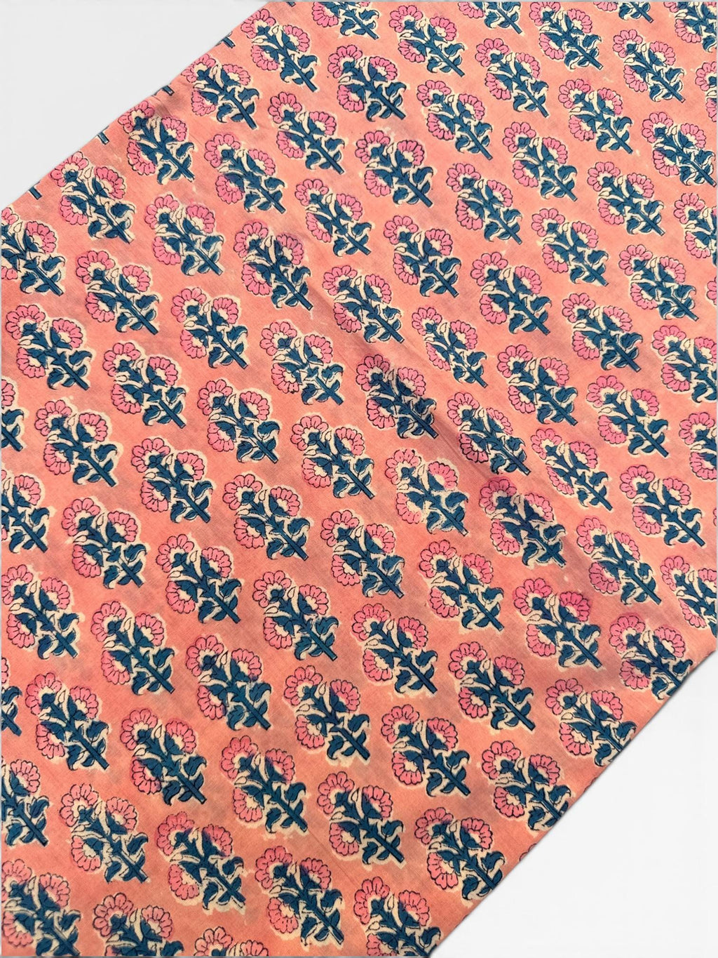 Peach Pink Floral Hand Block Print Cotton Fabric by Yard | Indian Boho Fabric | Blue and Rose Motif Soft Cotton | Dressmaking & Craft Fabric