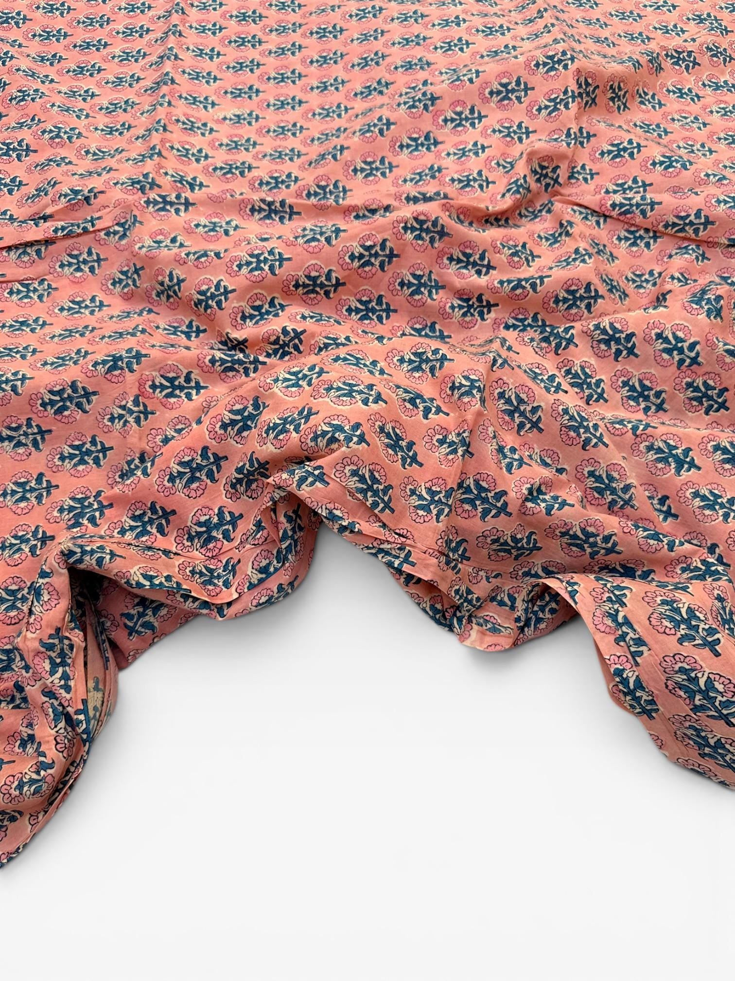 Peach Pink Floral Hand Block Print Cotton Fabric by Yard | Indian Boho Fabric | Blue and Rose Motif Soft Cotton | Dressmaking & Craft Fabric