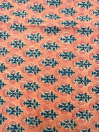 Peach Pink Floral Hand Block Print Cotton Fabric by Yard | Indian Boho Fabric | Blue and Rose Motif Soft Cotton | Dressmaking & Craft Fabric