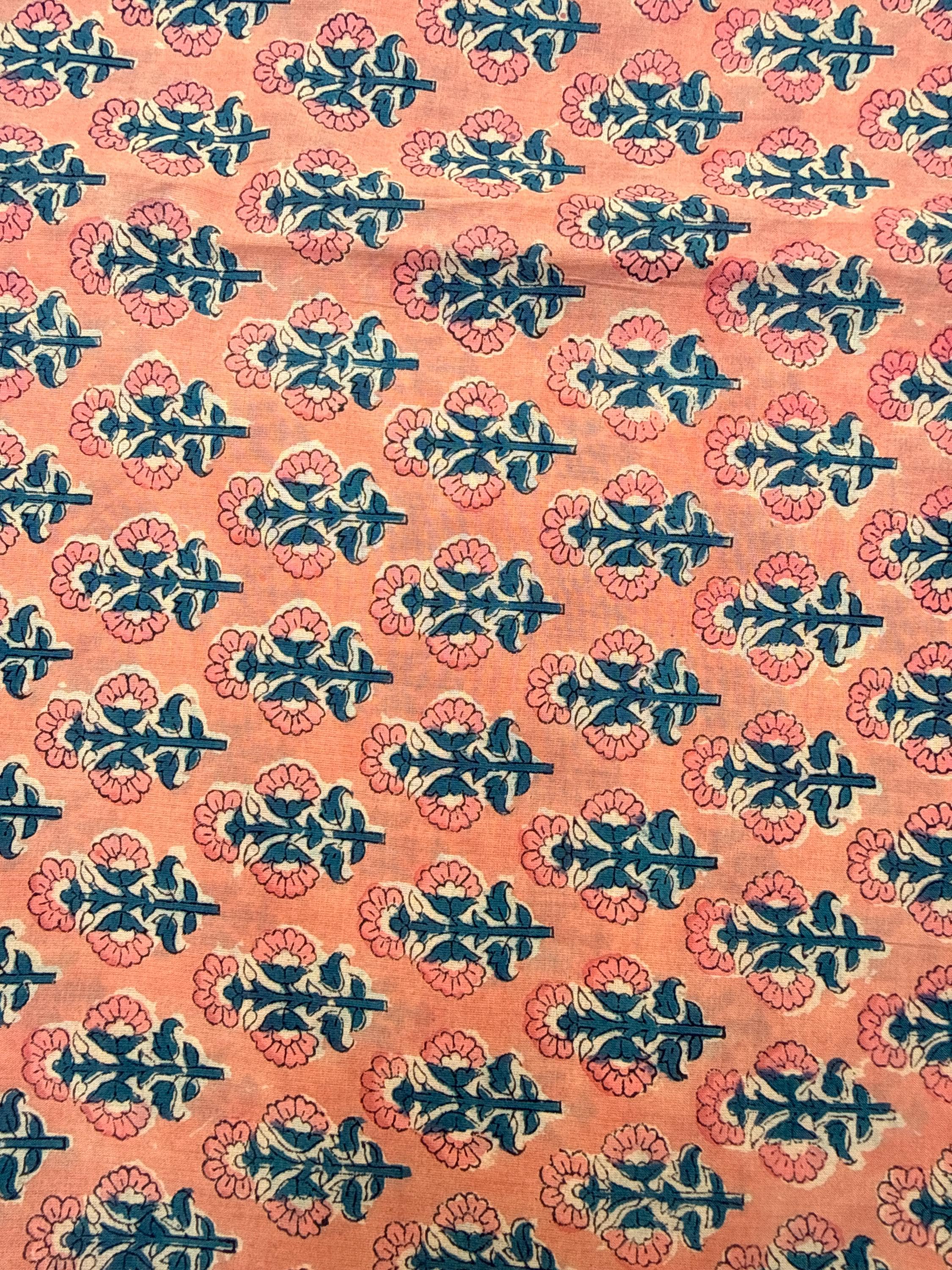 Peach Pink Floral Hand Block Print Cotton Fabric by Yard | Indian Boho Fabric | Blue and Rose Motif Soft Cotton | Dressmaking & Craft Fabric