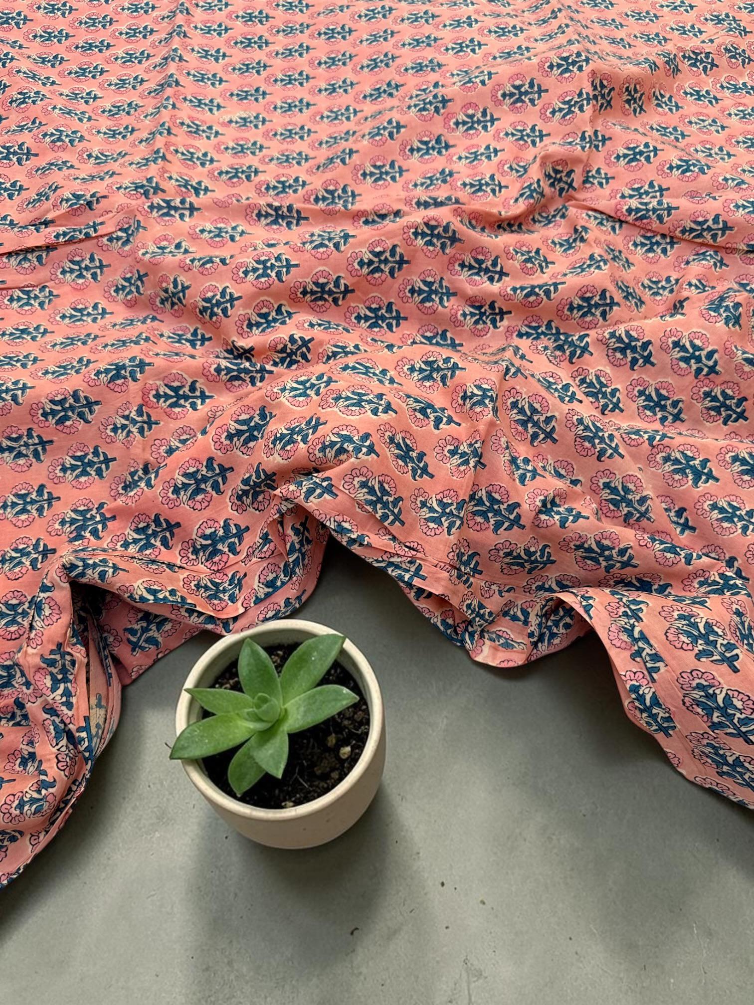 Peach Pink Floral Hand Block Print Cotton Fabric by Yard | Indian Boho Fabric | Blue and Rose Motif Soft Cotton | Dressmaking & Craft Fabric