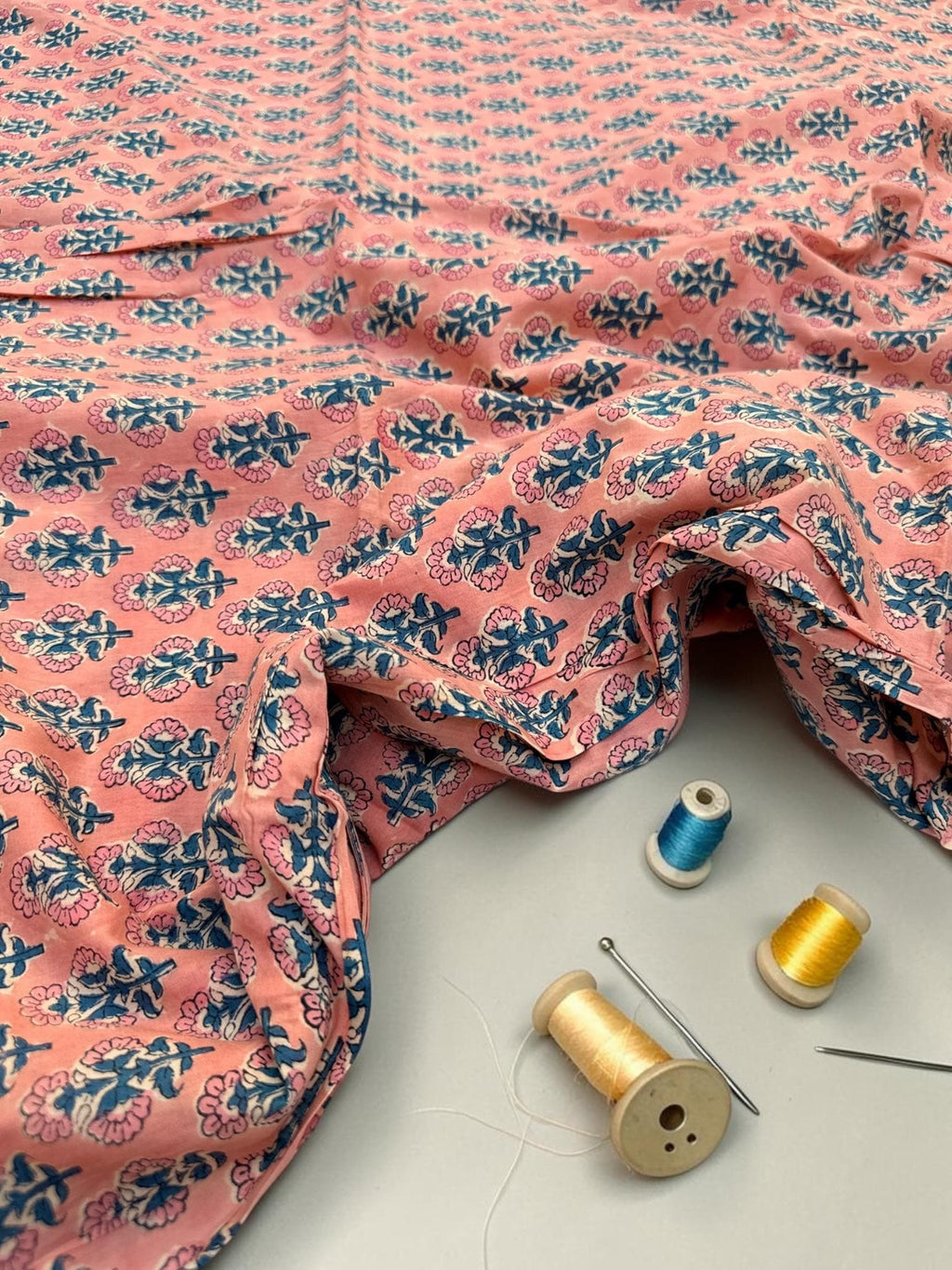 Peach Pink Floral Hand Block Print Cotton Fabric by Yard | Indian Boho Fabric | Blue and Rose Motif Soft Cotton | Dressmaking & Craft Fabric