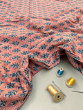 Peach Pink Floral Hand Block Print Cotton Fabric by Yard | Indian Boho Fabric | Blue and Rose Motif Soft Cotton | Dressmaking & Craft Fabric